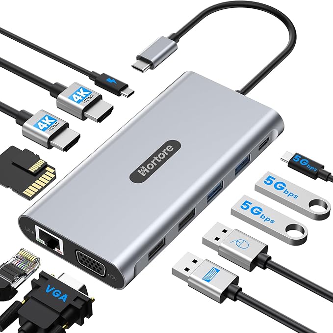 USB C Docking Station, 12-in-1 USB C Hub Dual Monitor with 2 HDMI, VGA, RJ45, 100W PD, USB-C Data, 2 USB 3.0, 2 USB 2.0, SD/TF Card Reader, for MacBook/Dell/HP/Lenovo