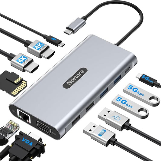USB C Docking Station, 12-in-1 USB C Hub Dual Monitor with 2 HDMI, VGA, RJ45, 100W PD, USB-C Data, 2 USB 3.0, 2 USB 2.0, SD/TF Card Reader, for MacBook/Dell/HP/Lenovo