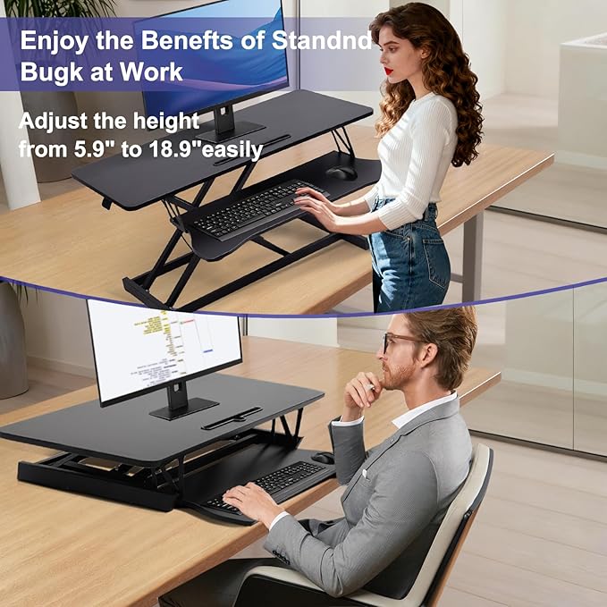 38-Inch Height Adjustable Standing Desk Converter, Duals Monitor & Laptop Riser with Wide Keyboard Tray, Sit to Stand Ergonomic Workstation for Home Office, School, Business, Black