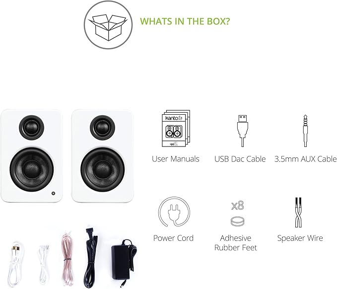 Kanto YU2MW PC Gaming Desktop Speakers | 3" Composite Drivers | 3/4" Silk Dome Tweeter | Class D Amplifier | 100 Watts | Built-in USB DAC | Subwoofer Output | Pair | Matte White