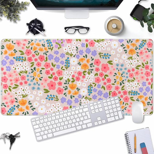 Floral Desk Mat Large Keyboard Pad, Pink Mouse Pad Women Girls Flowers Large Mouse Pad for Desk Pad Computer Floral Pad Desktop Mat for School Office Home 31.5" X 15.7"