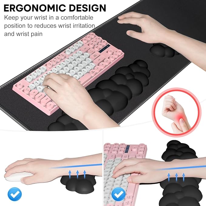 JIKIOU Large Cloud Mouse Pad Waterproof with Cloud Keyboard Wrist Pad and Cloud Mouse Wrist Pad Set, Ergonomic Computer Desk Wrist Support Mousepad for Keyboard and Mouse 31.5x11.8in (Black)