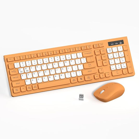 Wireless Keyboard and Mouse Combo, Full-Sized Wireless Keyboard and Adjustable DPI Mouse, 2.4GHz USB Receiver, Keyboard and Mouse for PC, Windows, Desktop, Laptop (Orange-B)