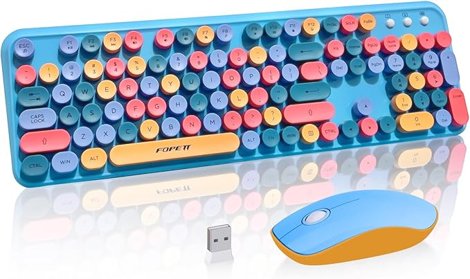 Cute Retro Wireless Keyboard and Mouse Combo, Colorful Typewriter Keyboard with Round Keycaps, 2.4GHz Multi-Color Hybrid Bubble Keyboard for Women, Funky Blue Computer Keyboard for PC Laptop Office