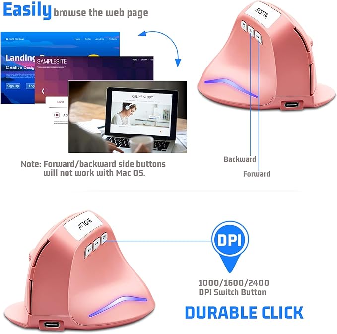 Wireless Vertical Ergonomic Optical Mouse, Pink Computer Mouse with 3 Adjustable DPI 1000/1600/ 2400, 5 Buttons for Laptop, Desktop, PC, MacBook