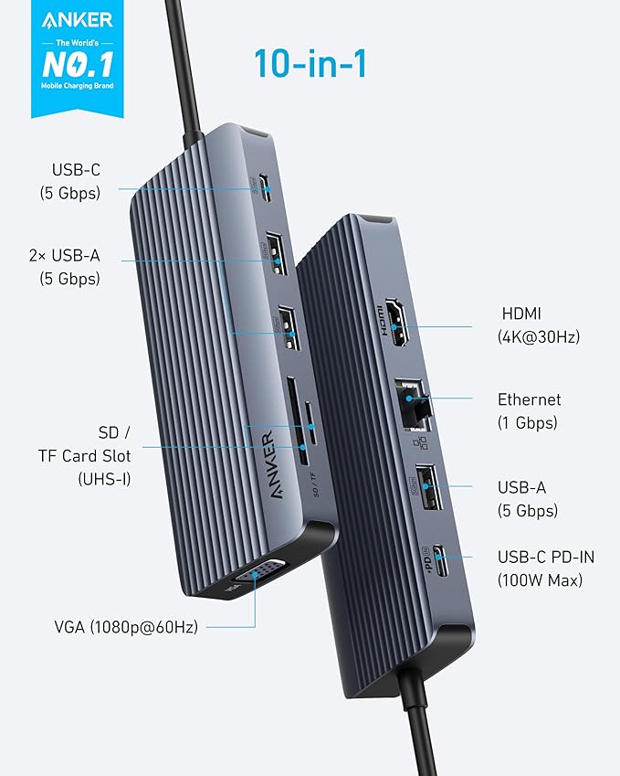 Anker 10-in-1 USB C Hub, Dual-Display USB C Docking Station, One 4K@30Hz HDMI, 1080p VGA, 100W Power Delivery, 5 Gbps USBC&A Data Ports, for Dell XPS, Dell Vostro 5320 Laptop and More