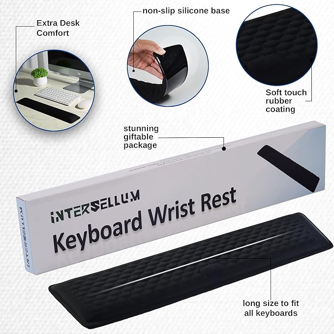 Ergonomic Memory Foam Keyboard Wrist Rest Pad, Extra-Wide Black, Soft Non-Slip Arm Cushion for Computer, Laptop & Desk | Pain Relief & Typing Comfort for Office & Gaming Use