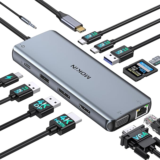 USB C Docking Station Dual Monitor, Laptop Docking Station 3 Monitors, MOKiN 12-in-1 USB C Dock Hub Multiport Adapter with 4K HDMI+DisplayPort+VGA, 100W PD, 4 USB Ports, Ethernet, SD/TF and Audio