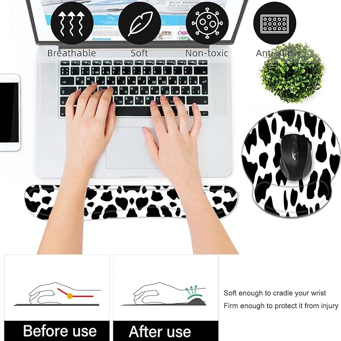 Keyboard Wrist Rest and Mouse Pad Wrist Support Set,Ergonomic Memory Foam Wrist Pad & Non Slip Base for Home Office Working Studying Easy Typing,Pain Relief,Cow Pattern