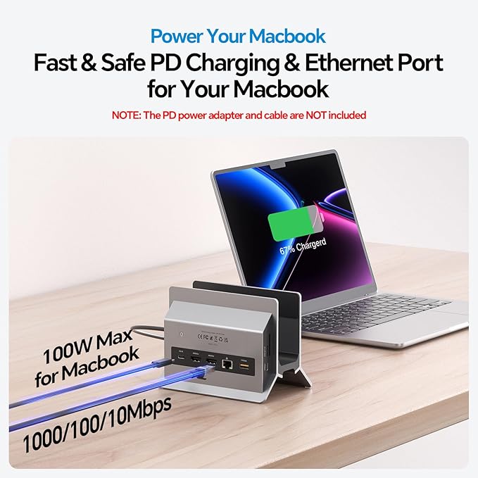 MacBook Docking Station Dual Monitor, Vertical Mac Laptop Docking Station Dock Stand with 2 HDMI 4K@60Hz, USB A/C 10Gbps, PD, Ethernet, USB 2.0, SD/TF, Compatible with MacBook Pro Air M3 M4 M5