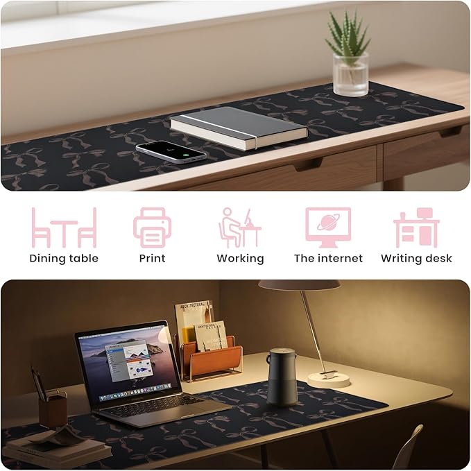Black Desk Mat with Bows, Black Mouse Pad Non-Slip Rubber Base Girly Gaming Mouse Pad Keyboard Mat with Bow Large Computer Mat Office Supplies Desk Accessories Decor for School Girls Women 31.5 x 15.7