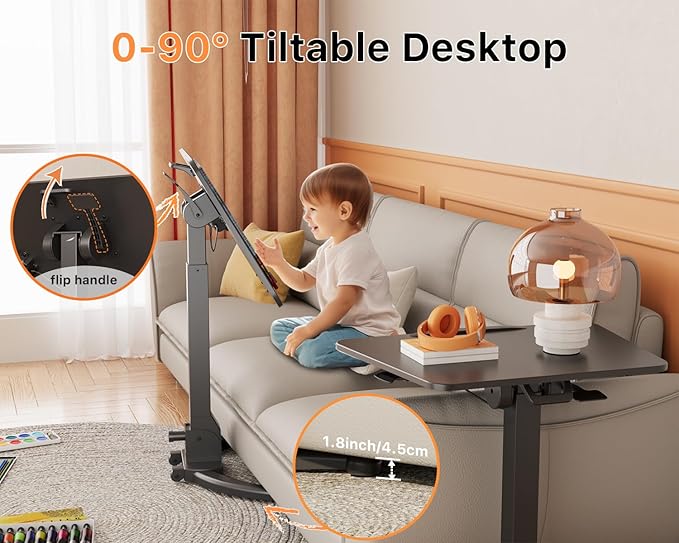 JOY worker Foldable Mobile Standing Desk, Height Adjustable Sit Stand Desk, 90° Tiltable Rolling Laptop Table, Portable Workstation with Non-Slip Mat for Home Office, Holds Up to 22lbs, Black