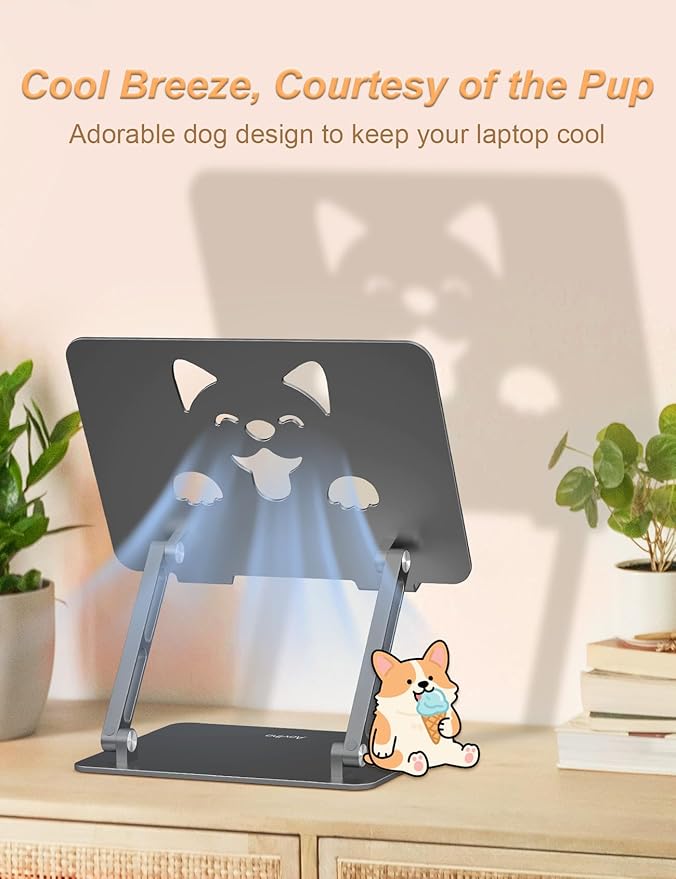 Aoviho Laptop Stand for Desk-Adjustable, Foldable, Portable, Ergonomic Aluminum Notebook Riser with Unique Puppy Cooling Vent, Desk Gift for 10-17.3" Devices Mac, Dell, HP, Lenovo, Samsung, Gray