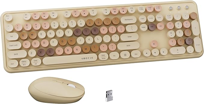 x UBOTIE Colorful Wireless Keyboard and Mouse Combo, Full-Sized Office Keyboard with Typewriter Flexible Keys, 2.4GHz Dropout-Free Connection, Optical Mouse for PC Laptop(Milk Tea Colorful)