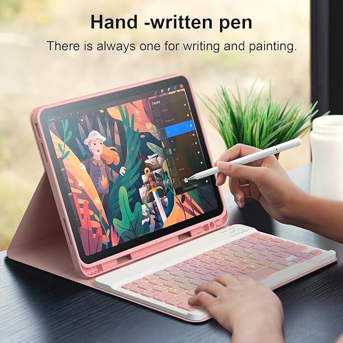iPad 11th 10th Generation Case with Keyboard 10.9 Inch 2022 Detachable Wireless 7Colors Backlight Keyboard Case with Pencil Holder for and Magnetic Disc Universal Stylus Pen New iPad 10th Gen Pink