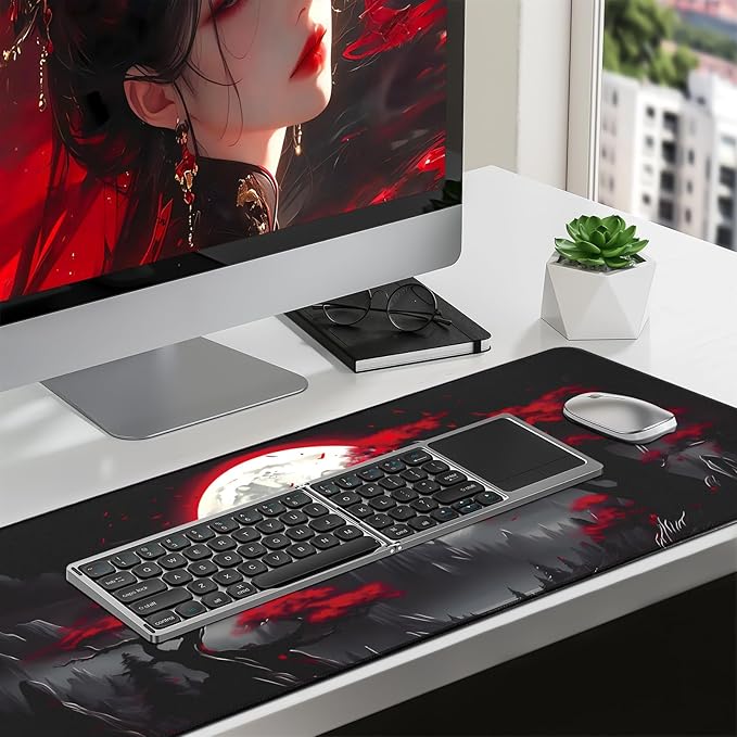 Large Gaming Mouse Pad, Anime Black Mousepad with with Non-Slip Base, Expanded Cool Desk Mat, Mountain Moon Scenery XL Keyboard Mat Suitable for Home Office,31.5 X 11.8 Inch