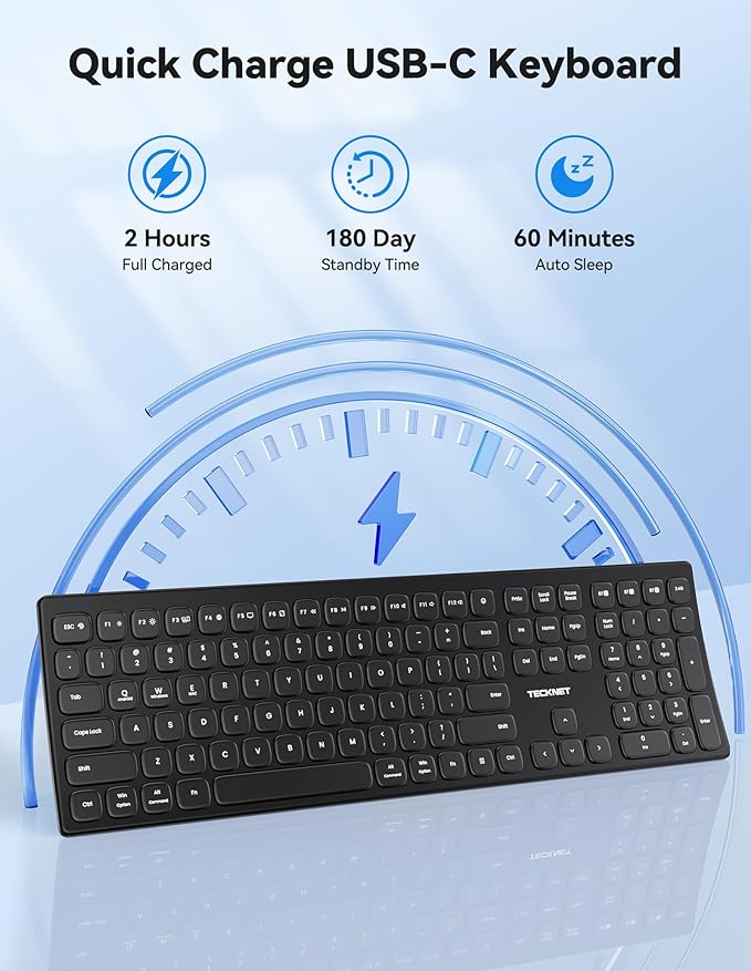 TECKNET Bluetooth Wireless Keyboard, Multi Device Free Switching (BT5.0+2.4G+Wired), Quiet Typing, Ultra-Slim Full Size with Numpad for Mac/Windows/Android, 12 Multimedia Keys
