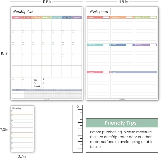 Magnetic Fridge Calendar Whiteboard, Dry Erase Refrigerator Calendar Set (3 Boards) - Magnetic Weekly Calendar for Fridge, Dry Erase Calendar, Grocery List White Board, 3 Markers + Eraser