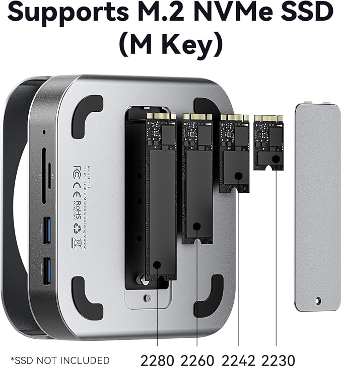 VENTION for Mac mini M4 Dock, 10 in 1 Aluminum Stand for M4/M4 Pro with M.2 NVMe SSD Enclosure, 4K@240HZ/144HZ USB A 3.2, 10Gbps Transfer, USB C Extender, SD/TF Reader, Silver