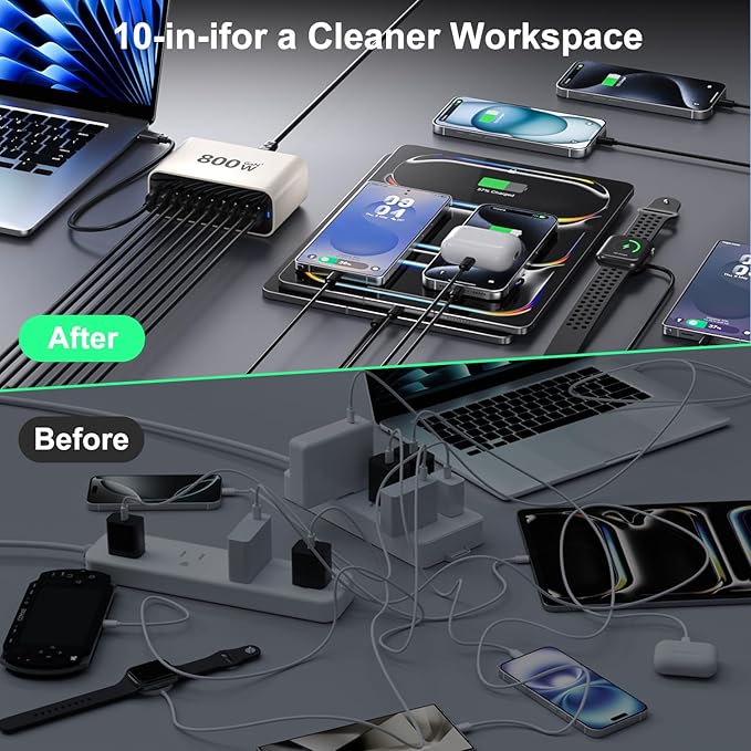 USB C Charging Station 800W, USB Fast Charger Block 10 Ports, Dual 140W PD PPS Charger Multiple Output, PD Power Adapter Compatible with MacBook Pro Dell/iPhone 16/Galaxy/Tablet/Mobile