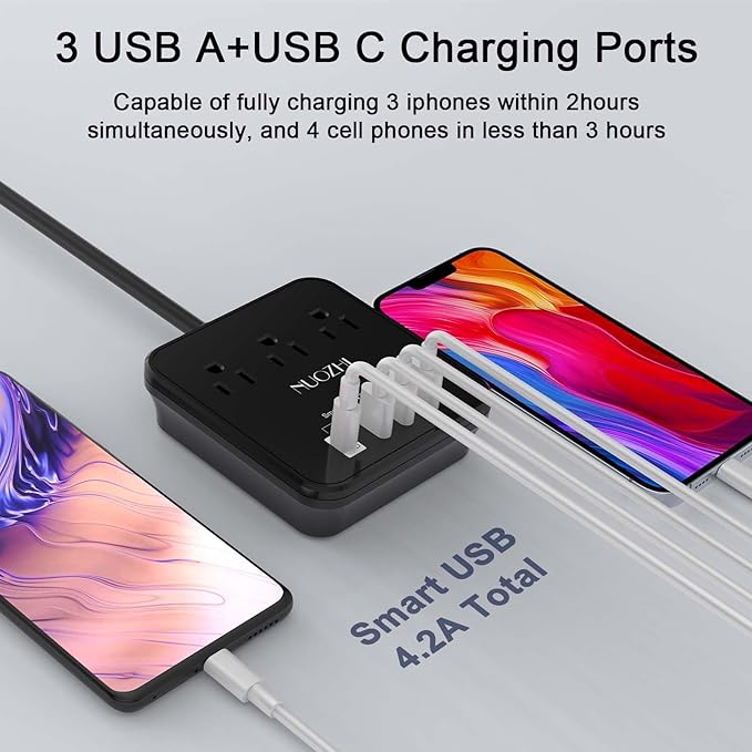 Cruise Essentials,10 Ft Power Strip with 3 Outlets and 4 USB Ports(1 USB C), Non Surge Protector for Cruise Ship, Travel, Home Office, ETL Listed, Black