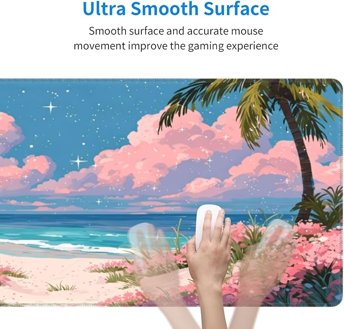 HVEST Pink Floral Beach Mouse Pad, Tropical Ocean Pastel Cloud Desk Mat,Large Mouse Pad for Laptop Computer, Mousepad with Non-Slip Rubber Base and Stitched Edge for Game, Office, Home 31.5'' x 15.7''