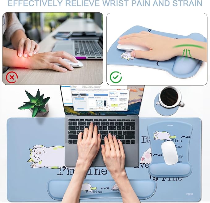 MEGREZ 4-in-1 Ergonomic Memory Foam Wrist Rest Set, Desk Pad, Mouse Pad with Wrist Rest, Keyboard Pad, Suitable for Office Workers, Programmers & Gamers–Relieve Typing & Gaming Fatigue, Grey