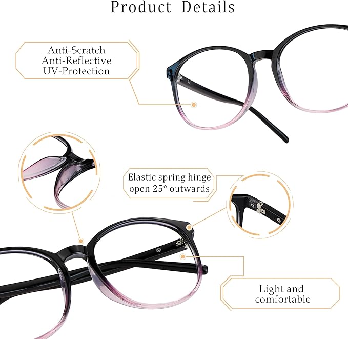 LifeArt Round Blue Light Blocking Glasses, Computer Glasses, Gaming Glasses, TV Glasses for Women Men (Black Purple, 5.00 Magnification)