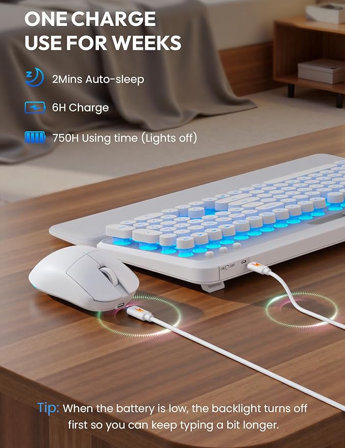 Wireless Keyboard and Mouse Combo - Backlit Typewriter Keyboard with Magnetic Wrist Rest & Phone Holder, Light Up Round Keys, 2.4GHz Cordless Set for Mac, Windows, PC, SABLUTE (Cloud Dancer White)