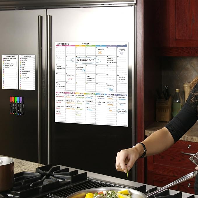 JJPRO Magnetic Dry Erase Monthly Calendar Set for Fridge-Reusable Monthly Calendar,Weekly Planner&Lists for Refrigerator-Starts Monday-Magnetic Multicolor Monthly Planner Bundle-16.5x11"