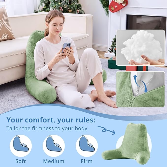 Sasttie 25-inch Reading Pillows for Sitting in Bed Adult, Jumbo Velvet Back Pillow Bed Sitting Up, XL High Back-Rest Support Cushion for Sit Up on Couch & Floor, Oeko-Tex Certified, Sage Green