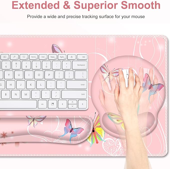 Peach Pink Butterflies Florals Mouse Pad, XXL Large Desk Mat Extended Reading Desk pad, 4 PCS Non-Slip Rubber Base Computer Big Mousepads for Work, Game, Office, Home Decor Cute Girls Woemn Gifts