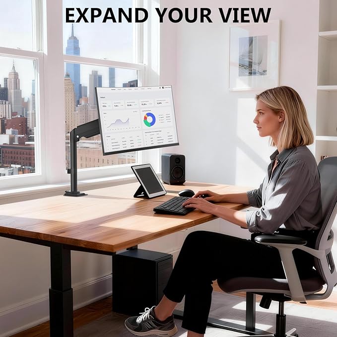 WALI Single Monitor Arm Mount for 13-27 inch Screens, Gas Spring Stand with Full Motion Tilt Swivel Rotation, Holds 19.8 lbs, VESA 75/100, C-Clamp & Grommet Mount (GSDM001S)