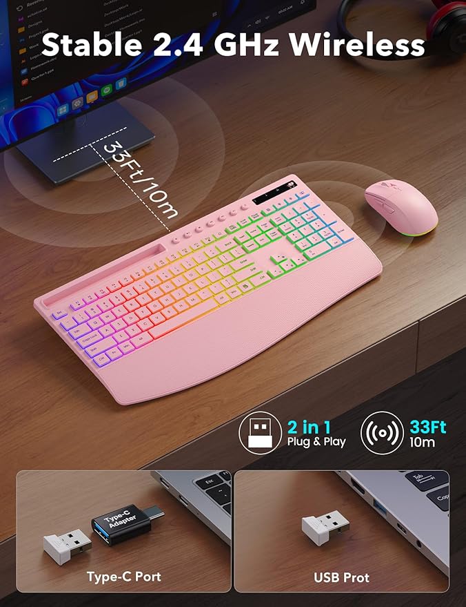 Trueque Wireless Keyboard and Mouse Combo, 4000mAh Rechargeable Backlit Keyboard with Wrist Rest & Phone Holder, Full Size Quiet Typing 2.4G USB-A/Type-C for PC Laptop Windows Mac (Pink)