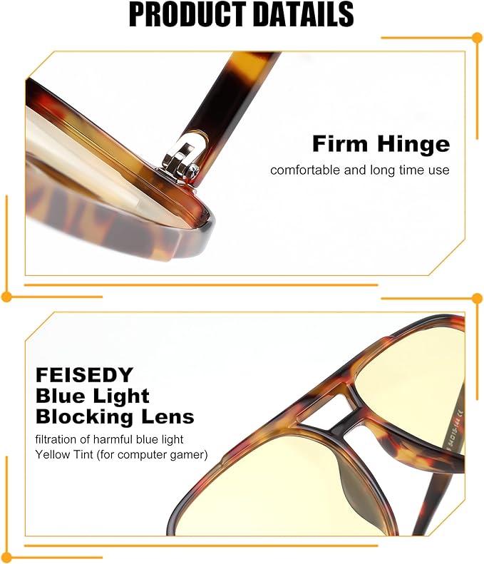 FEISEDY Amber Blue Light Glasses for Computer Gaming Orange/Yellow lens Anti Eyestrain Sleep Glasses G2835
