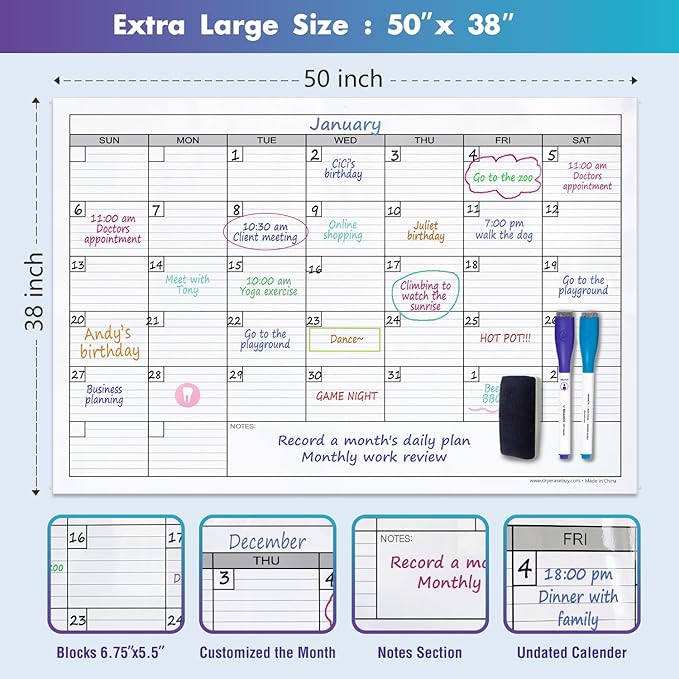 Magnetic-Receptive Dry Erase Monthly Extra Large White Board Calendar for Wall 38x50, Big Whiteboard Calendar with Iron Sheet Backing-Works with Magnetic Markers Eraser, Giant Blank Poster with Square