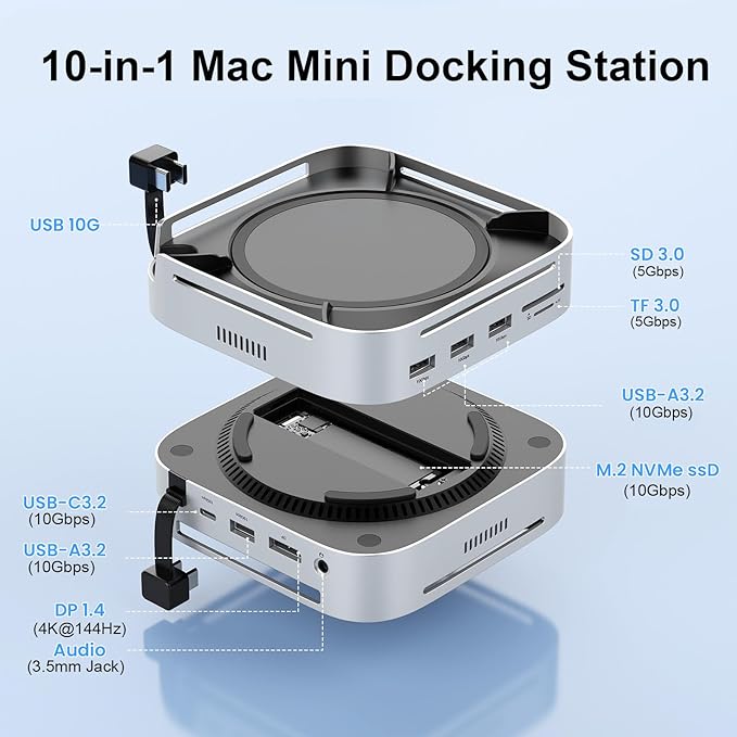 Mac mini M4 Docking Station with Display Port M.2 NVMe Enclosure, Mac mini M4 Dock Hub with 10Gbps UBS A USB C, SD TF Card Slots, 3.5mm Audio Jack