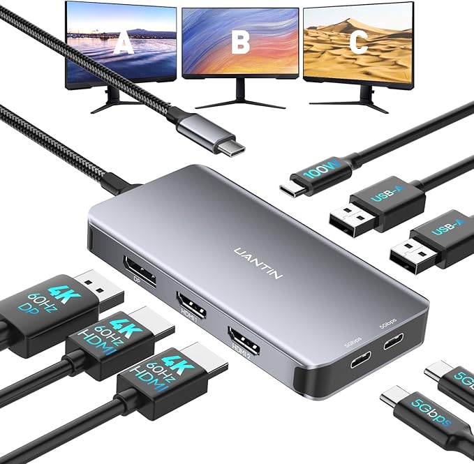USB C Docking Station Dual Monitor Adapter, Laptop Docking Station 3 Monitor Triple 4K60Hz Display with 2 HDMI, 4K120Hz DisplayPort, USB-A & USBC Data, 100W PD, USB C Dock for Dell, HP, Lenovo