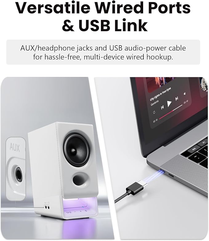 Edifier R20BT Computer Speakers, 2.75" Full-Range Drivers, Bluetooth 6.0,Touch Controls, AUX & USB-C Inputs, Headphone Jack, Custom Ambient Light & Sound Profiles via APP- White