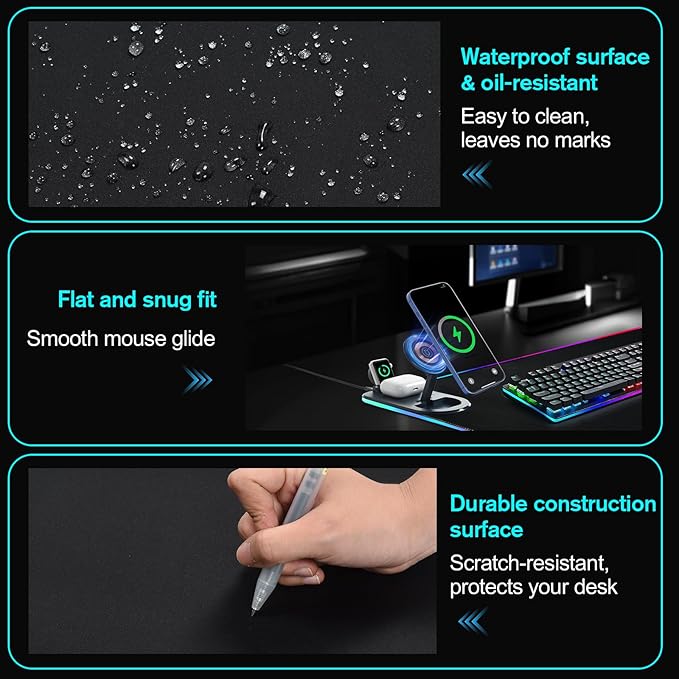 ELUTENG Mouse Pad with Phone Holder 4in1 Wireless Charging Desk Mat RGB Ultra-Smooth Gaming Mousepad Waterproof Home Office Large Desk Pad 31.5"x11.81" Large Desk Pad Non-Slip Base Keyboard Pad