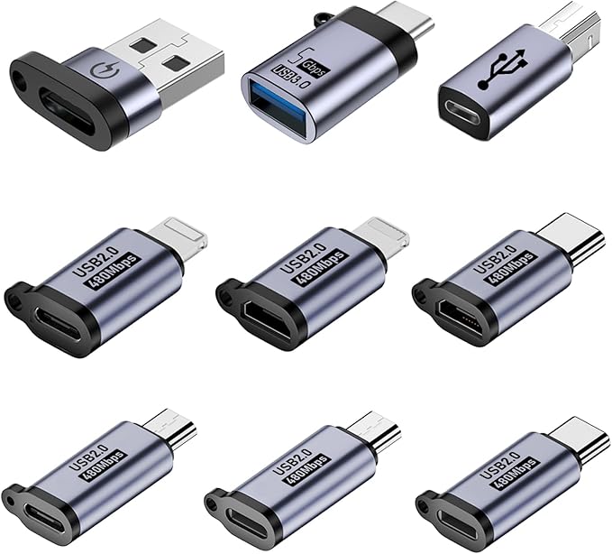 USB C to Micro Adapter, IP to USB C, and Type-C to USB A Adapter, (9 Pieces)，Supports Fast Charging up and Supports a Data Transfer 。