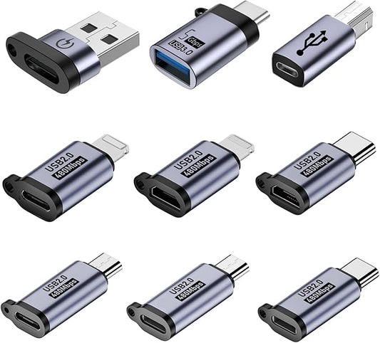 USB C to Micro Adapter, IP to USB C, and Type-C to USB A Adapter, (9 Pieces)，Supports Fast Charging up and Supports a Data Transfer 。