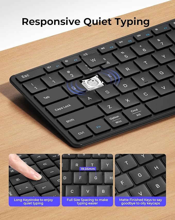 seenda Wireless Bluetooth Keyboard and Mouse Combo, SKM64-3 Rechargeable Slim Quiet Keyboard Mouse, 3 Multi-Device Connection, Compatible for Windows, Mac, MacBook, iPad, Tablet, Black