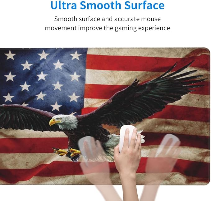 EOBTAIN Gaming Large Mouse Pad Vintage American Flag Desk Mat for Keyboard and Computer 31.5x15.7 Inch Non-Slip Rubber USA Bald Eagles XXL Mousepad with Stitched Edges for Office Laptop and Home