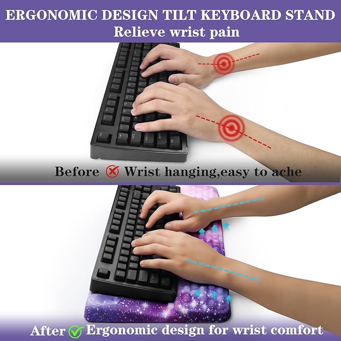 Ergonomic Keyboard Stand with Wrist Rest, Computer Wrist Support Pad, Tilted Keyboard Riser Holder Lift Tray with Wrist Pad, Easy Typing, Comfy Soft Memory Foam Desk Cushion for Office Home