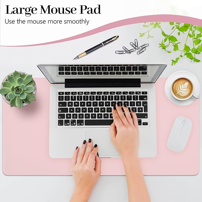 Pink Leather Desk Mat Large Mouse Pad, Waterproof Desk Pad for Keyboard and Mouse, Non-Slip Computer Desk Protector, Smooth Mouse Movement Desk Mat for Home and Office(23.6"×13.8")