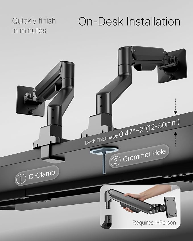 monTEK Deluxe Aluminum Monitor Arm with USB A/C for 17 to 40 Inch Curved Screens Fully Adjustable Single Monitor Arm with Clamp/Grommet, Quick Release Plate, Cable Management, VESA 75/100