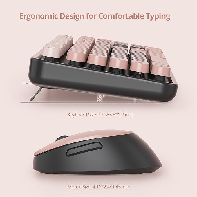 Colorful Pink Keyboard and Mouse Combo Wireless, 2.4G Full Size 104-Key Retro Typewriter Keyboards Round Keys for Students Teenagers Home Office PC Laptop(Heimei)