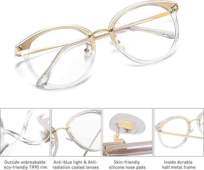 SOJOS Retro Round TR90 Blue Light Reading Glasses Womens Mens Readers Computer Glasses Eyewear Frame SJ9001