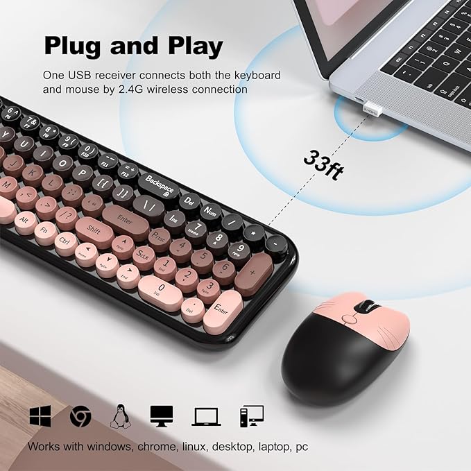 Wireless Keyboard and Mouse Combo, MOWUX Compact Typewriter Retro Round Computer Keyboard, Cute Optical Mouse Wireless, Plug and Play, for Laptop, PC, Computer- BlackBerry Gradient